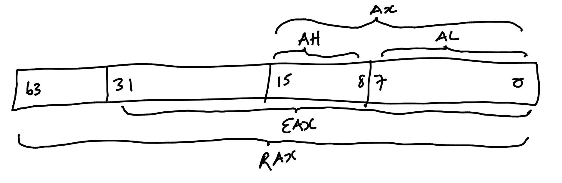 How a 64 bit accumulator is split into its legacy names and lengths.